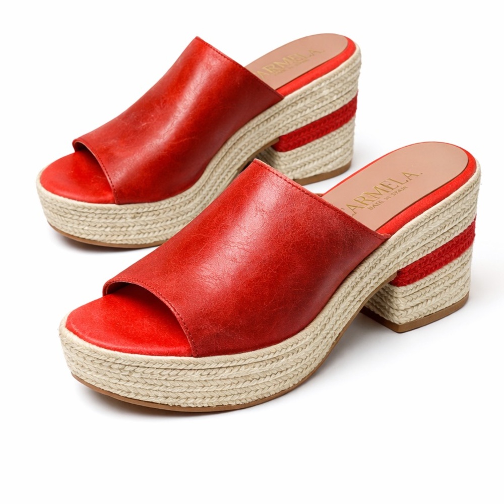 Carmela Spain Red Leather Platform Heel Espadrille Mule Sandals Open Toe 39 8.5